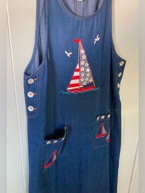 Casey Colman SZ L Nautical design Embroidered Maxi Dress 100%cotton Vintage